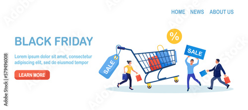 Black Friday Sale Event. People Buy on Big Discount Sales. Customers Running with Shopping Bags. Trolley, Cart with Gift Boxes, Packages, Tag on Background. E-commerce and Online Shopping