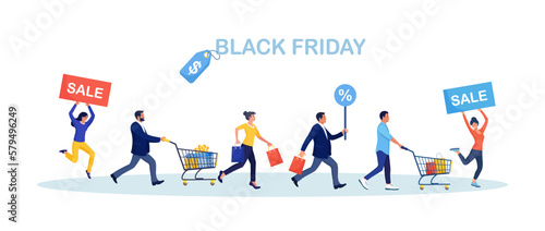 Black friday sale. People with shopping bags and carts running to store. Online shopping and e-commerce. Customers and shoppers with trolley rush to shop. Discount in store