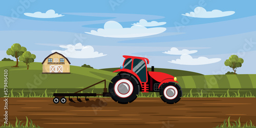 Vector illustration of a beautiful landscape with an agricultural farm and tractor. Cartoon summer landscape with a field, a farm with a barn, trees, bushes and a tractor plowing the land.