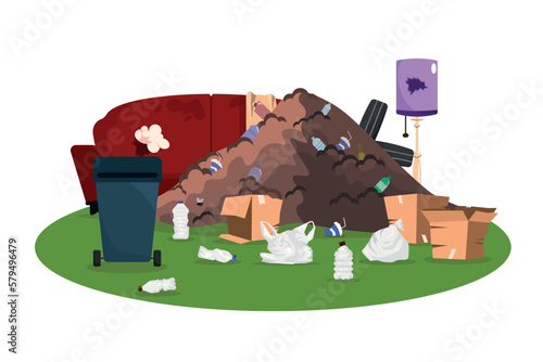 Vector illustration of a dirty room isolated on white background. Cartoon abandoned room with sofa, broken lamp, pile of trash, bottles, packages, boxes, trash can. Room that needs to be cleaned.