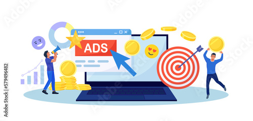 Pay Per Click concept. Advertising marketing in the internet. PPC business, CPC technology, sponsored listing. Tiny characters standing near laptop screen with cursor clicking on ad button. Web search