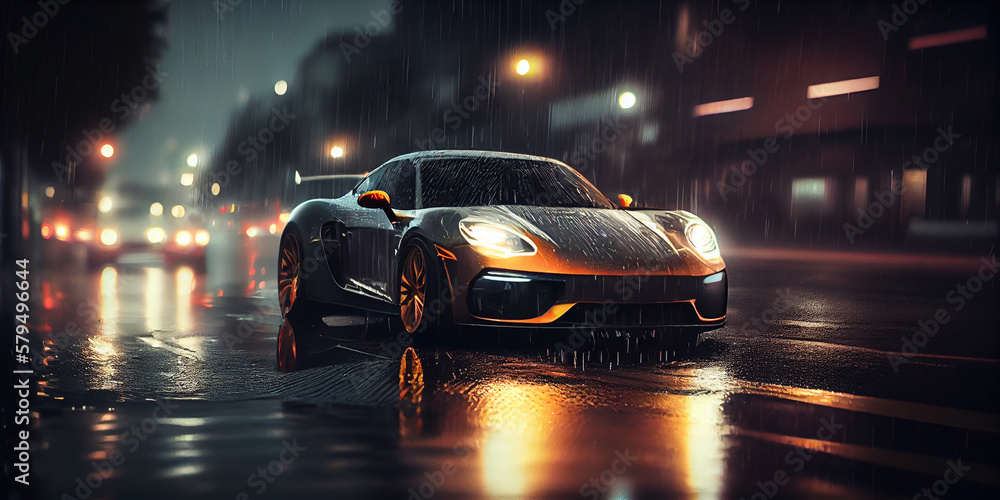 Car on the wet road in the rain.,Generative AI