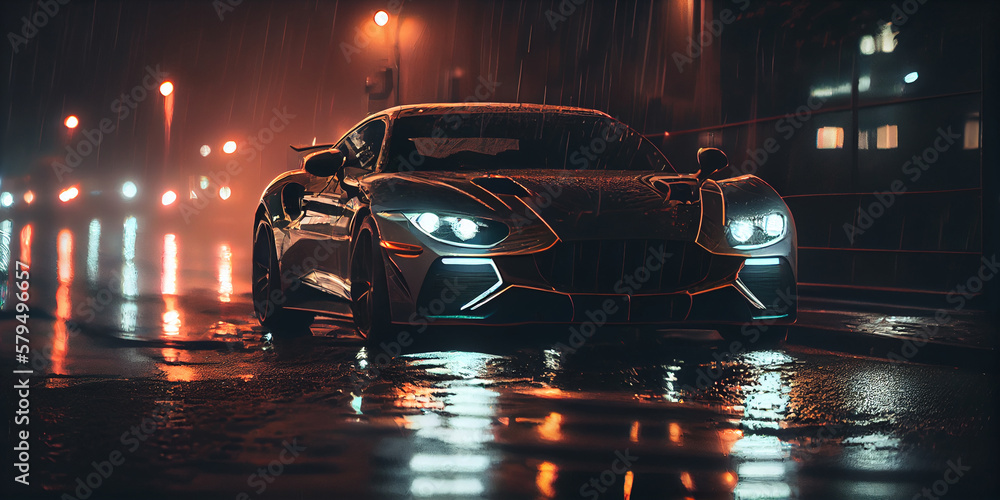Car on the wet road in the rain.,Generative AI Car on the wet road in the rain.,Generative AI