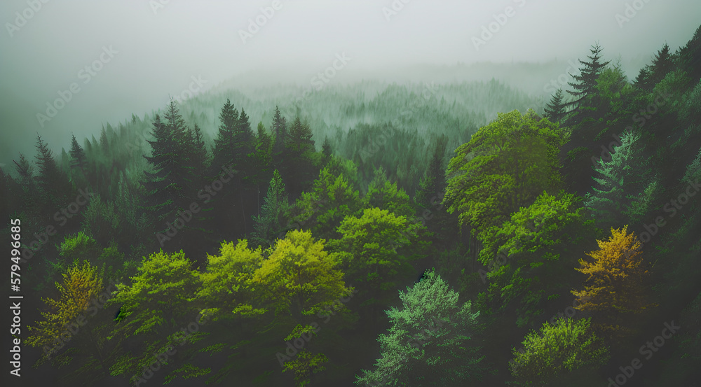 Viewing a forest landscape from an elevated perspective, the scene is bathed in a veil of fog.