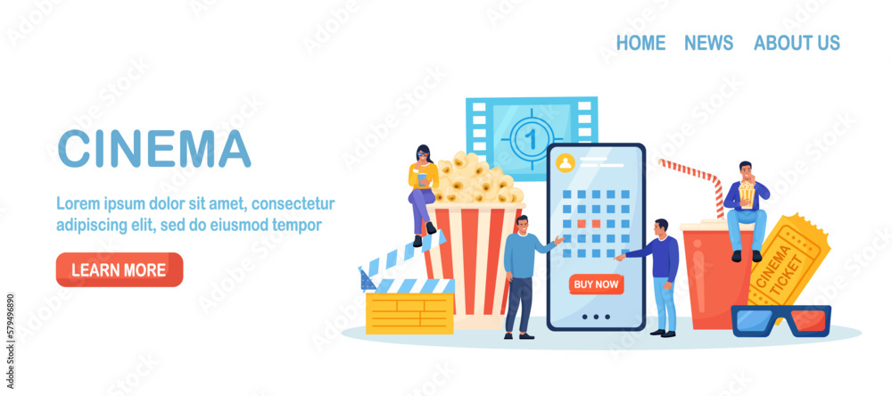 People booking cinema ticket, armchairs in theatre by mobile app. Online cinema art movie watching with popcorn bucket, 3d glasses, soda drinks and filmstrip, clapperboard. Cinematography concept People booking cinema ticket, armchairs in theatre by mobile app. Online cinema art movie watching with popcorn bucket, 3d glasses, soda drinks and filmstrip, clapperboard. Cinematography concept