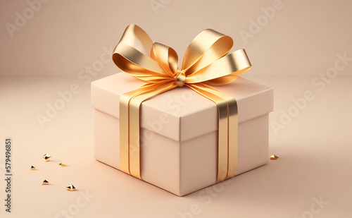 3D gift box, gold ribbon bow on beige pastel background. Present mockup for cosmetic product . Realistic gift with confetti Generative Ai