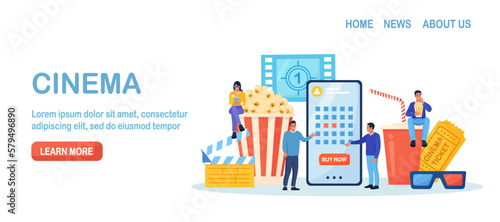 People booking cinema ticket, armchairs in theatre by mobile app. Online cinema art movie watching with popcorn bucket, 3d glasses, soda drinks and filmstrip, clapperboard. Cinematography concept