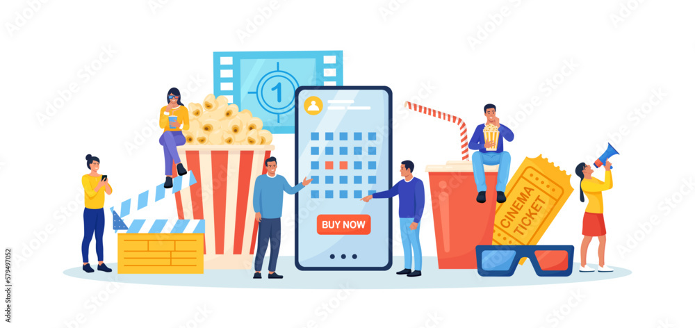 People booking cinema ticket, armchairs in theatre by mobile app. Online cinema art movie watching with popcorn bucket, 3d glasses, soda drinks and filmstrip, clapperboard. Cinematography concept