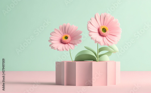 Wallpaper Mural 3D display podium pastel pink daisy flower background. Gerbera blossom falling down. Nature minimal pedestal beauty, cosmetic pr Generative Ai Torontodigital.ca