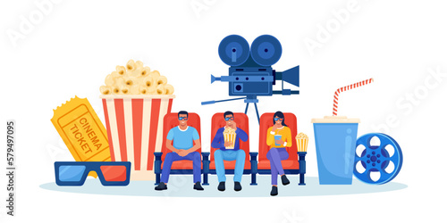 Online cinema art movie. Happy friends sitting, watching 3d motion picture. Comfortable armchairs for watching film. Popcorn, soda drinks, clapperboard, filmstrip. Auditorium, seats in movies theater