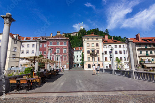 View of Preseren square and the river in Ljiubljana (Slovenia)