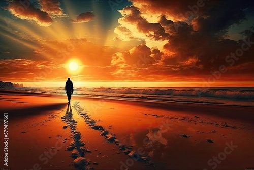 Beautiful Sunset Stroll Along the Sea: Witness Nature's Splendor at the Beach. Generative AI © AIGen
