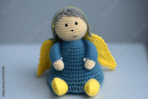 Soft Plush Angel Toy: A Perfect Gift for a Child's Joy and Wonderment - A Blue and Yellow Knitted Stuffed Baby Angel with Wings: Generative AI