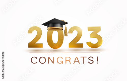 Graduate college, high school or university cap with Congrats gold 2023 on white background. Vector black student ceremony hat and congratulation ceremony banner