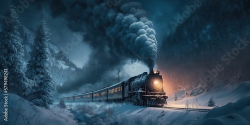 Fantasy train across a winter forest. Snowy rail excursions, smoke, spotlights, and a mystical winter forest at night. Generative AI.