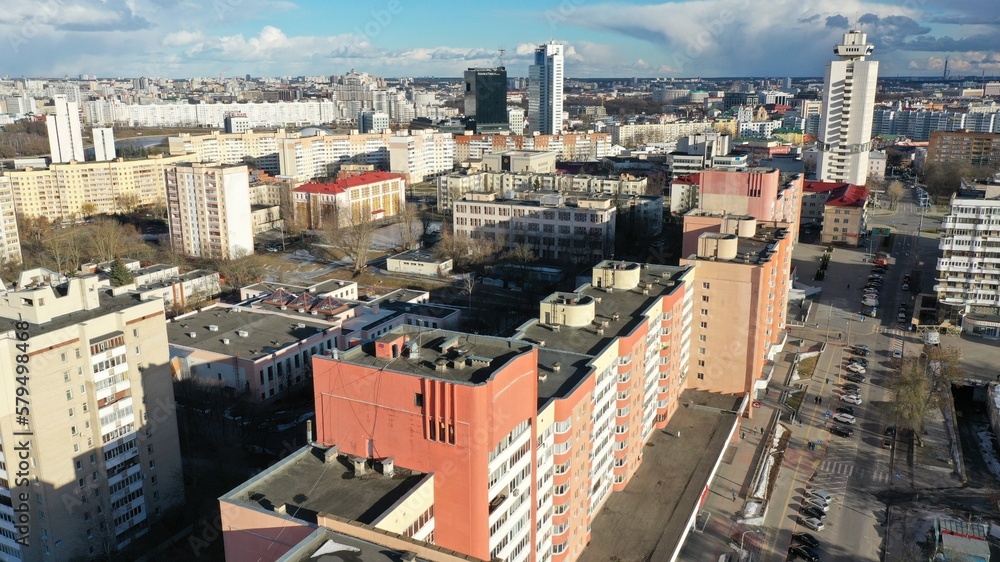 Cloudy clouds over the center of Minsk, the capital of Belarus. Panoramic view of the center of Minsk from a height from a drone. Nemiga district, central streets in Minsk.