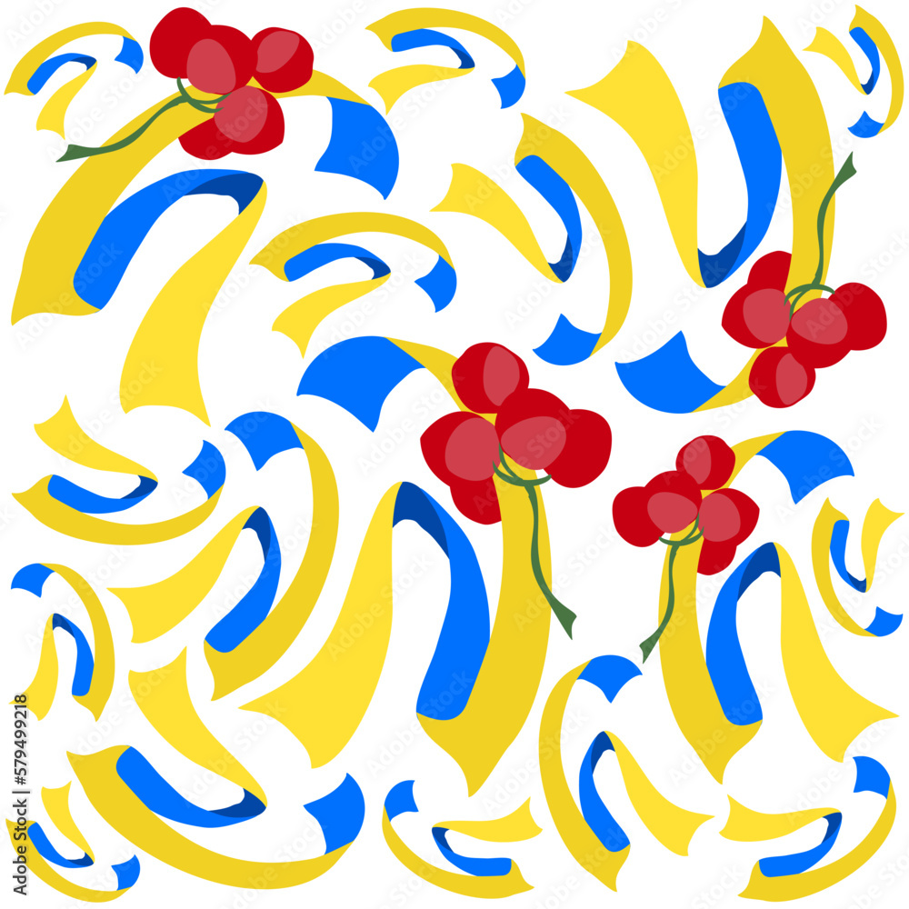 Patriotic pattern of blue and yellow years and viburnum. Ukrainian characters in the alphabet. The letter u