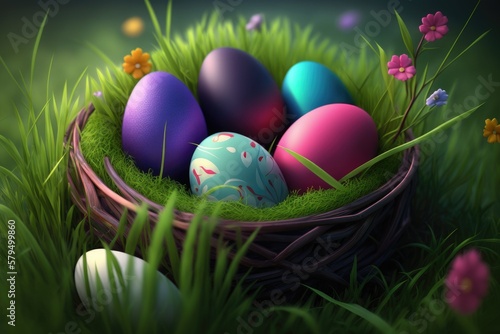 Colorful easter eggs in a basket, decorated easter eggs in a grass basket with flowers, happy easter holiday celebration, Generative AI