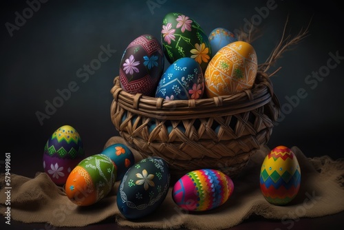 Colorful Easter Eggs in a Basket, Decorated Easter Eggs in a Basket, Happy Easter Holiday Celebration, Generative AI