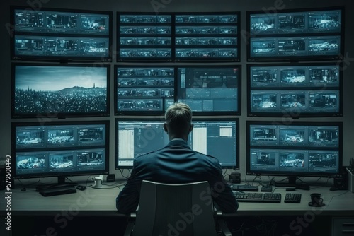 Man sitting in surveillance room with a lot of monitors