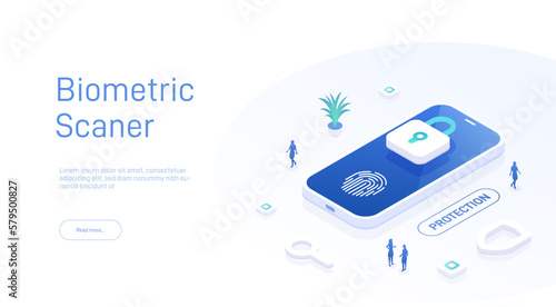 Biometric scaner landing page template. Password access to personal data by scanning fingerprint. Digital security. Can be used for web banners, infographics. Isometric modern vector illustration.