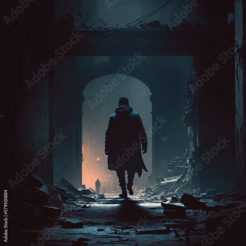 A lonely figure of a man in a God-forsaken place. High quality illustration