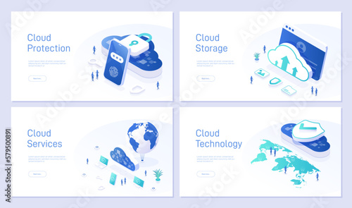 Cloud technology landing page template set. Secure storage and access to data from any device. Synchronization and backup. Can be used for web banners. Isometric modern vector illustration collection.