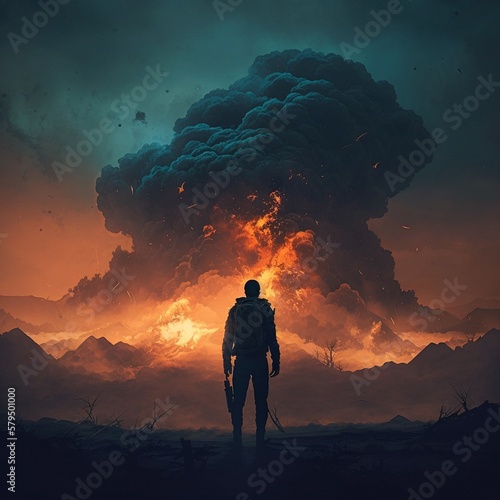 Man meets the apocalypse face to face. High quality illustration