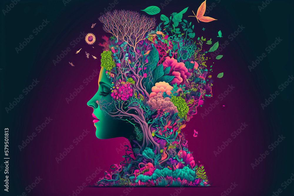 Surreal illustration of the head transformed into a garden and with ...