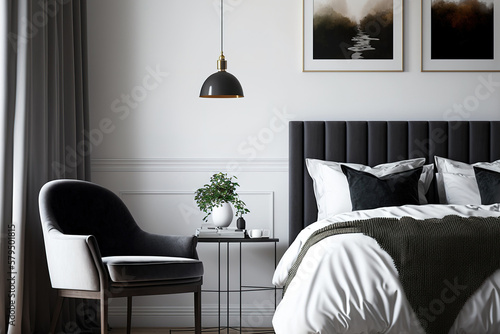 Poster on a white bed's black bedhead in a bedroom with a gray chair and a lamp. Generative AI photo