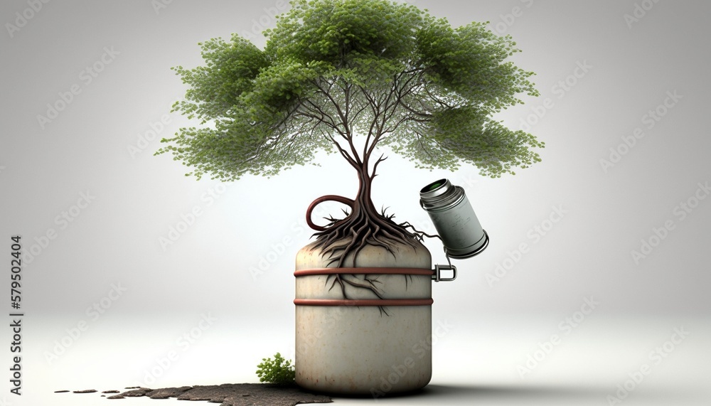 From Fuel to Foliage A Tree Grows out of a Fuel Canister, Symbolizing
