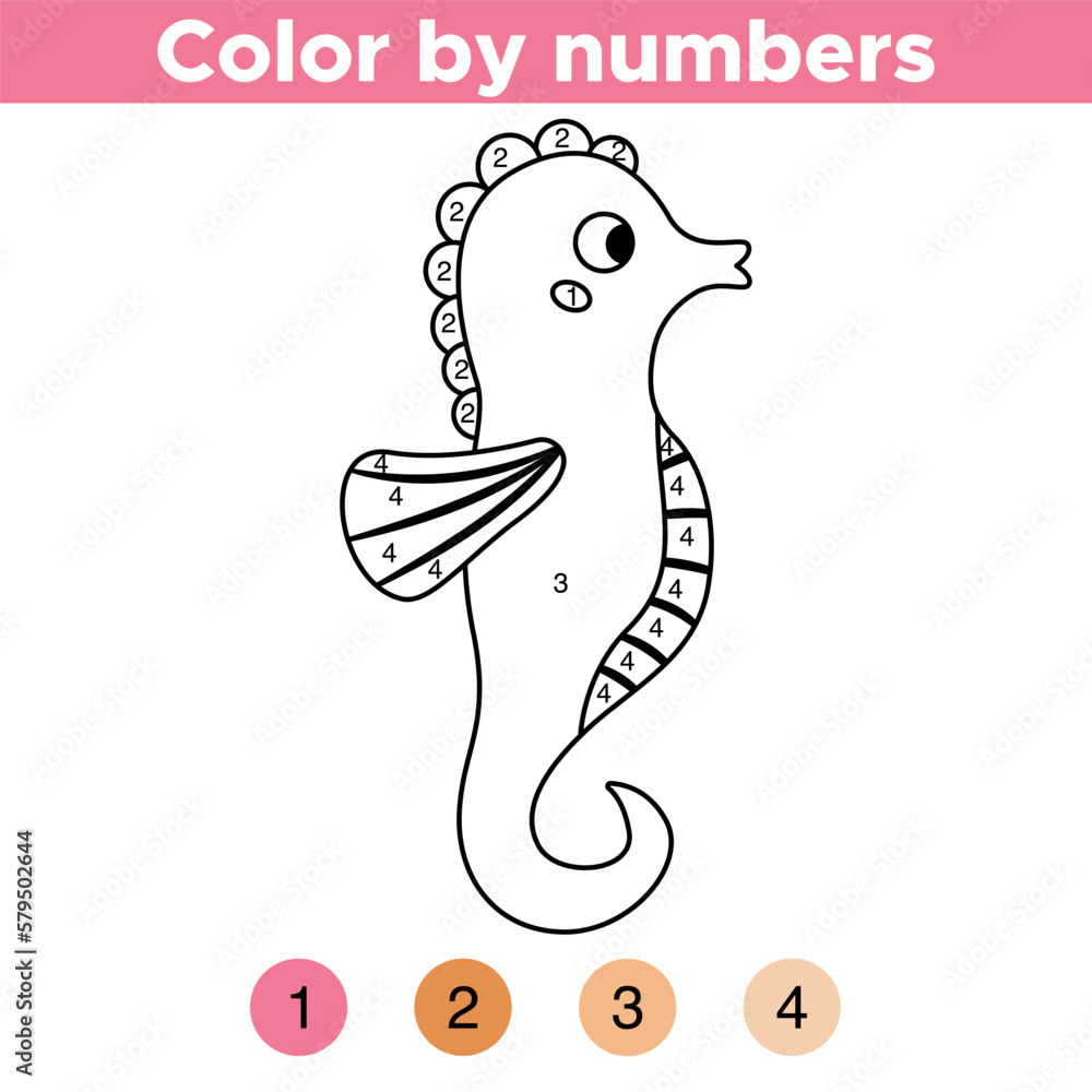 Fototapeta premium Coloring by numbers. Cute kawaii seahorse. Ocean and sea animal. Coloring book for children. Underwater theme. Educational game. Vector illustration.