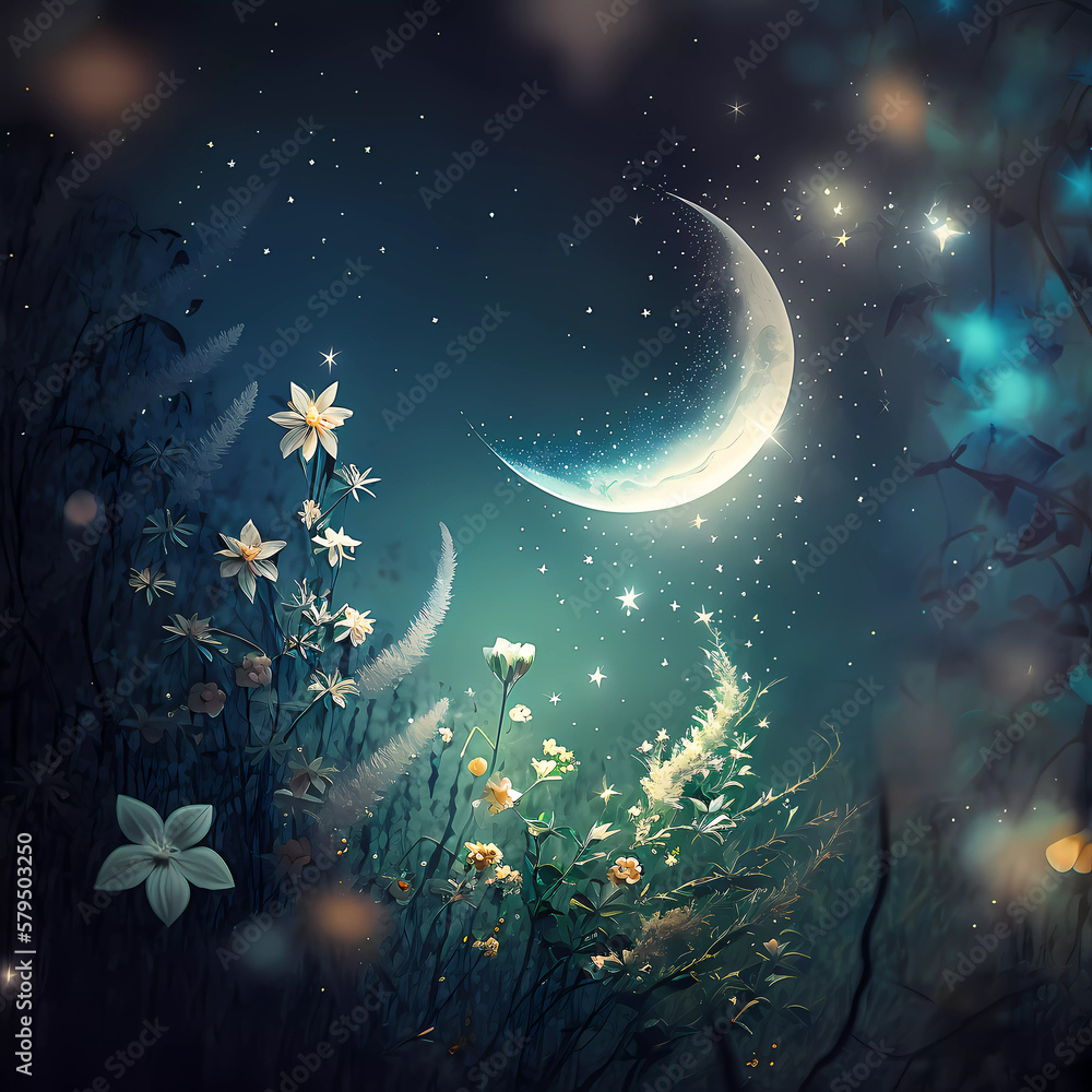 Flowers illuminated by the moon of the night sky. Night landscape. Copy space. generative AI Flowers illuminated by the moon of the night sky. Night landscape. Copy space. generative AI