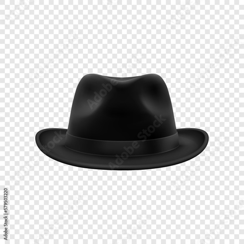 Vector 3d Realistic Black Vintage Classic Gentleman Hat, Cap Icon Closeup Isolated. Front View. Mens Unisex Hat Design Template. Vector Illustration
