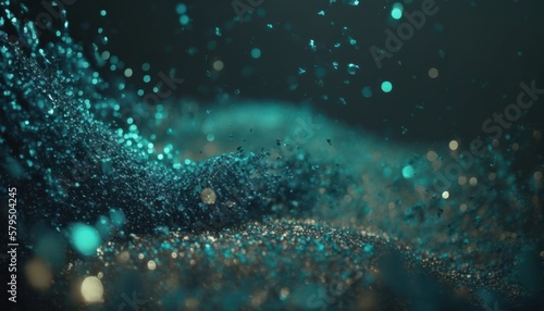 Organic 3D motion swirling and falling particle glitter art in teal. Created using Generative AI.