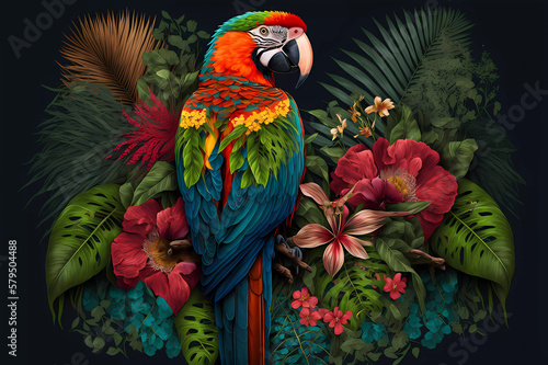 Generative AI spring pattern, parrot with various colors with flowers and jungle plants