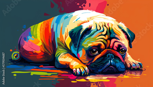 Thick palette knife  rainbow pug  beautiful sunshine shades of al colors  happy  joy  illustration  flat style  harmony of colors 