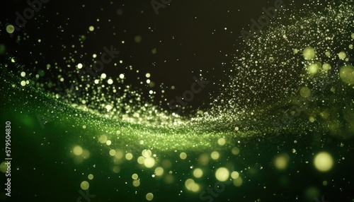 Organic 3D motion swirling and falling particle glitter art in green. Created using Generative AI.