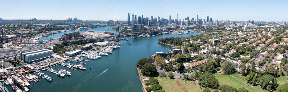 Glebe Island, the Anzac Bridge, Sydney city skyline and the suburb of Glebe.