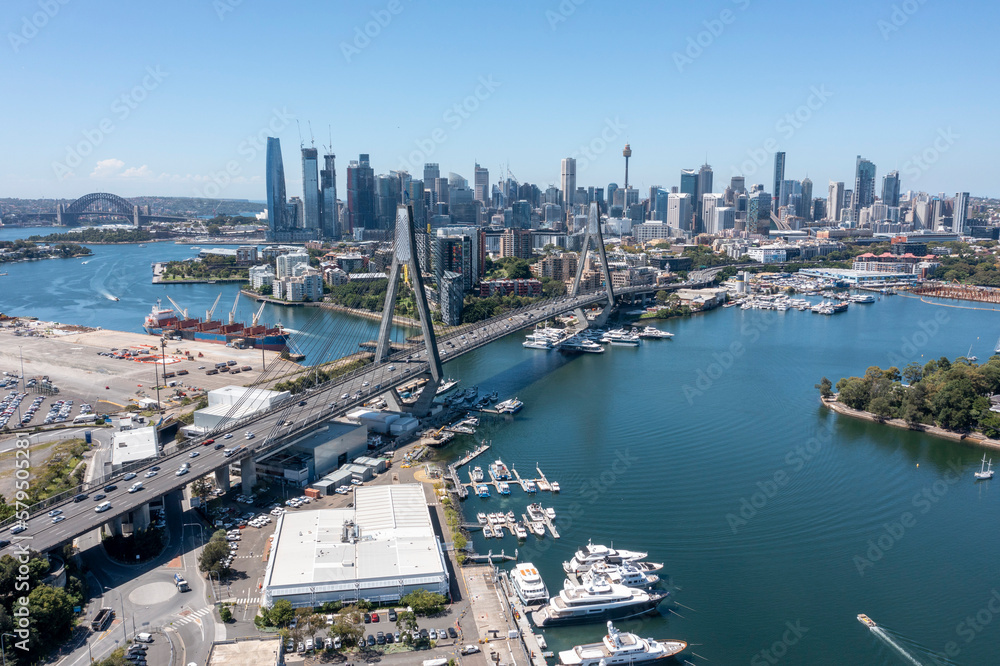 The Anzac Bridge and the Sydney city skyline.