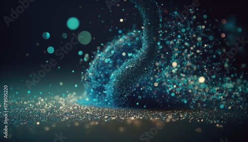 Organic 3D motion swirling and falling particle glitter art in Black and blue. Created using Generative AI.