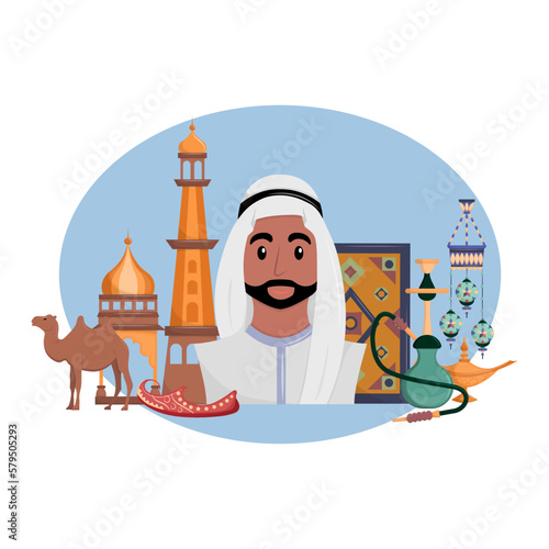 Symbols of Arab culture. Set of attributes of Islamic life. Muslim and his environment. Web picture. Vector illustration