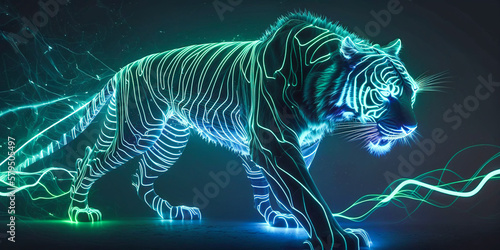 3d render AI generated tiger with neon glowing background