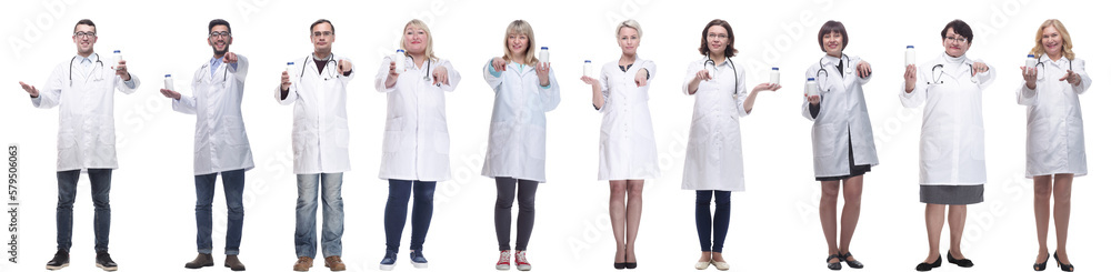 group of doctors holding jar isolated on white group of doctors holding jar isolated on white