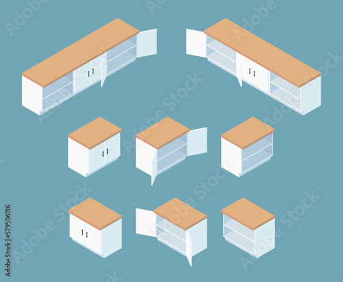 Kitchen cabinet 80 open, closed and open shelves - white, wood - isometric design	