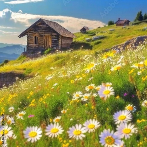 A wooden house in a clearing among daisies . High quality illustration