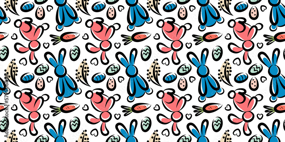 Obraz premium Linear Pattern with bunnies and carrots for Easter