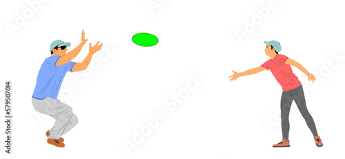 Happy family parent and child playing flying disk outdoor in park, vector illustration isolated on white background. Throwing and catching flying disk. Catch grab game toy. Father and daughter. Enjoy.