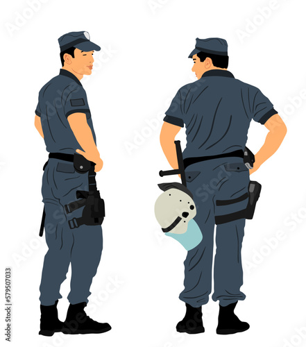 Policeman officer on duty vector illustration isolated on white. Police man in uniform in patrol on street. Security service member protect people. Law and order. Against terrorism unit. Cop team work