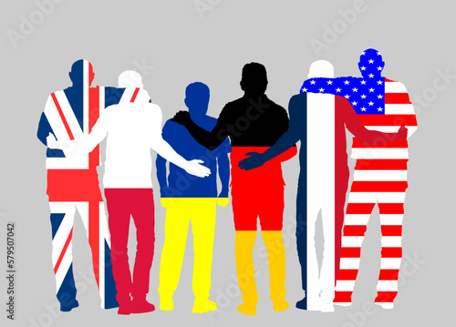 Hug friends Ukraine supporters in war conflict situation against Russia invasion vector illustration isolated. Strong connection in difficult time. Coalition United States, France, Germany, Poland, UK